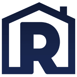 Letter R inside a house outline logo, in dark blue color.